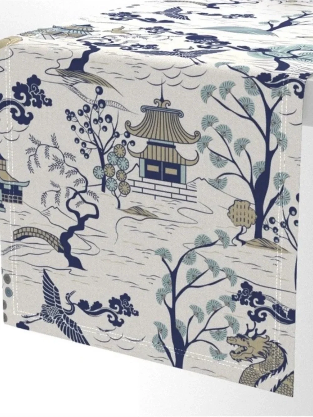 Spoonflower Japanese Village Chinoiserie Pagoda Blue Table Runner